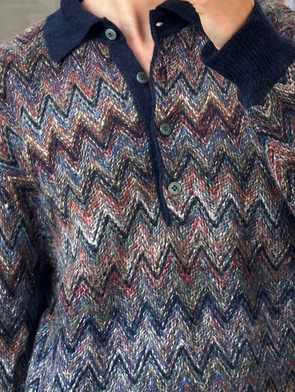 Italian Vintage 1990s Mohair Zig Zag Knitted Polo Jumper - L