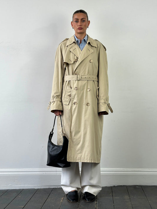 Yves Saint Laurent Pour Homme 1980s Cotton Double Breasted Belted Trench Coat - XXL