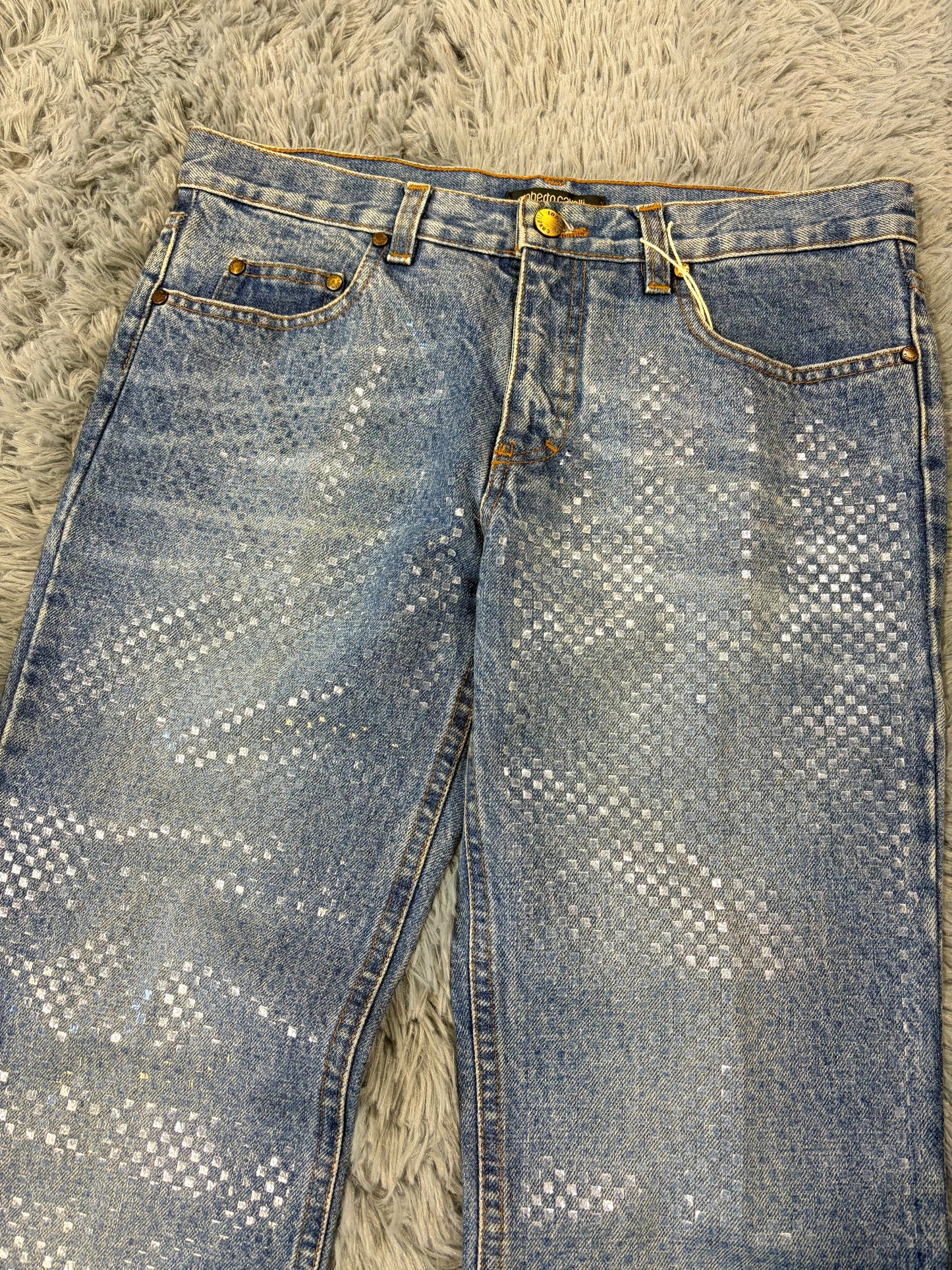 Roberto Cavalli 00’s Diamanté Square Embellished Crystal Jeans - S/M | O/S, Blue