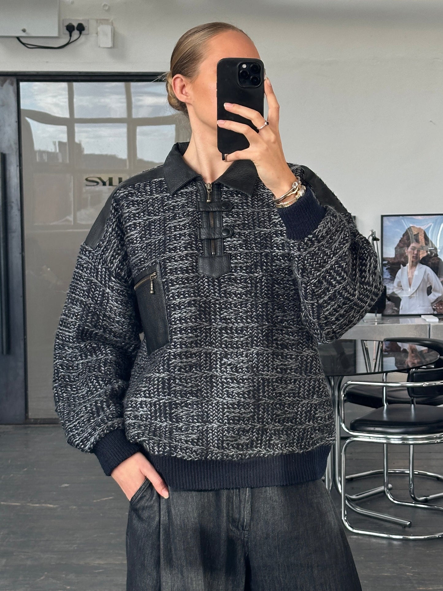 Vintage 1990s Textured Knitted Polo Jumper - L/XL