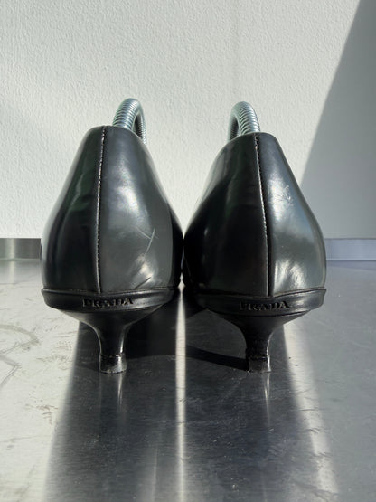 Prada 90s Leather Square Toe Mary Jane Kitten Heels | UK 38.5, Black