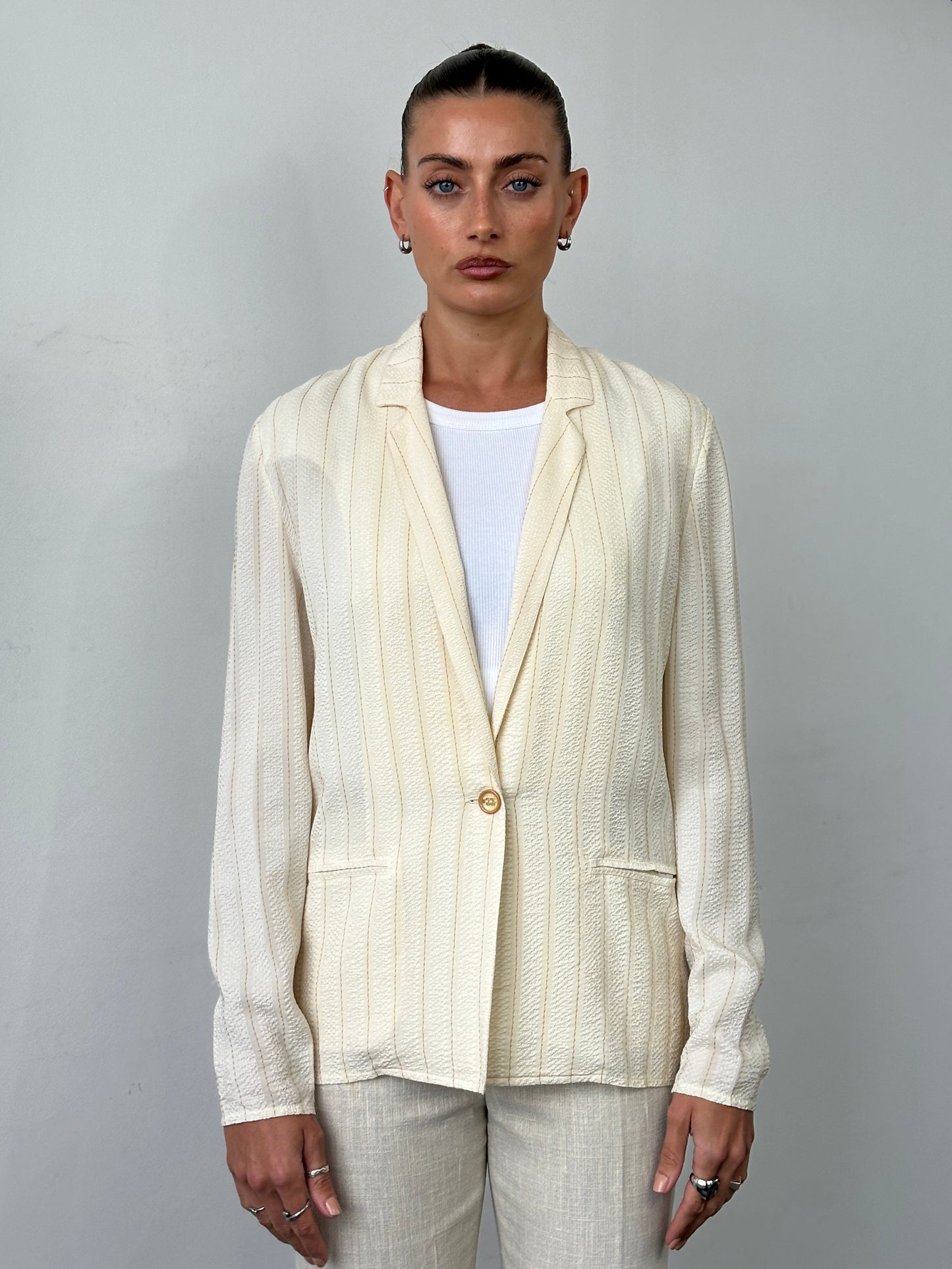 Italian Vintage Pure Silk Stripe Single Button Blazer - M