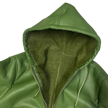 Stüssy Shearling Hooded Work Leather Jacket In Green (XL) | XL, Green