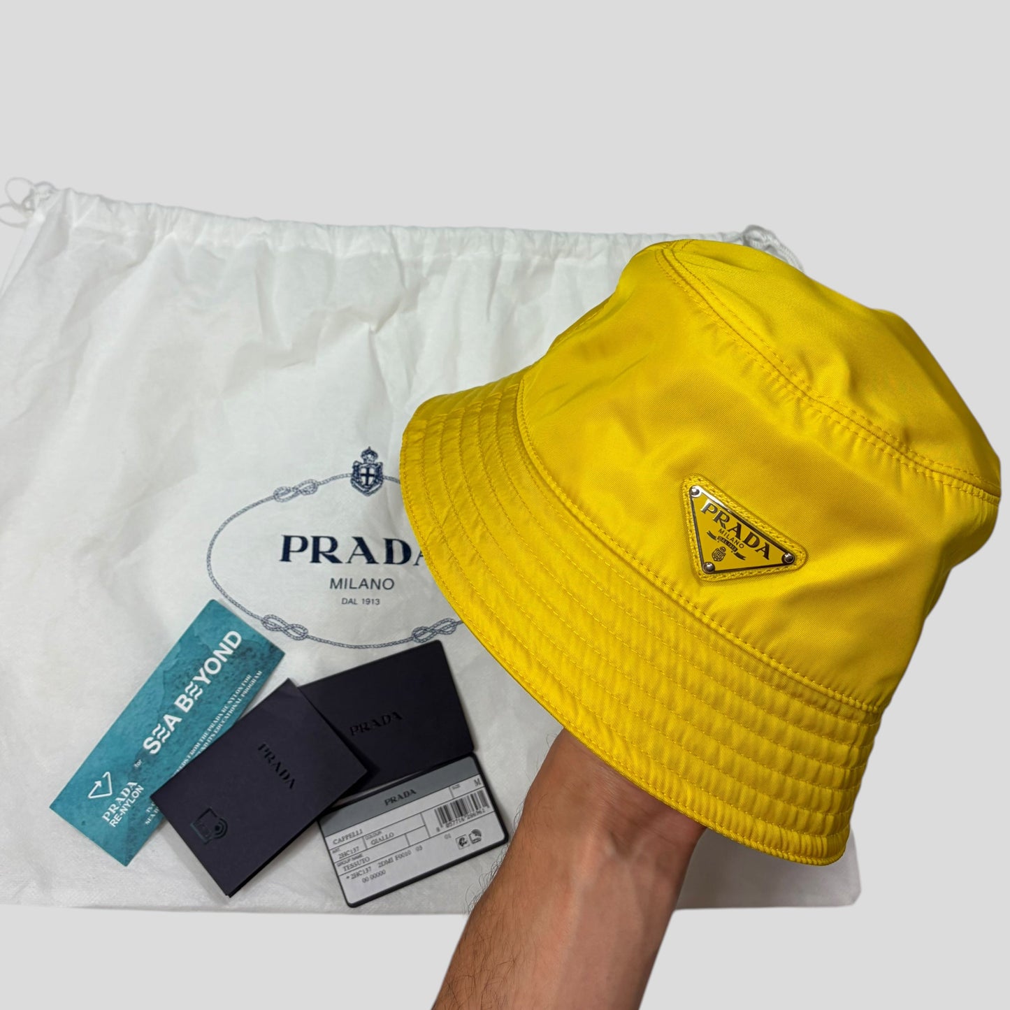 Prada Milano 2020 Re-nylon Yellow Panama Bucket Hat | O/S, Metallic Yellow
