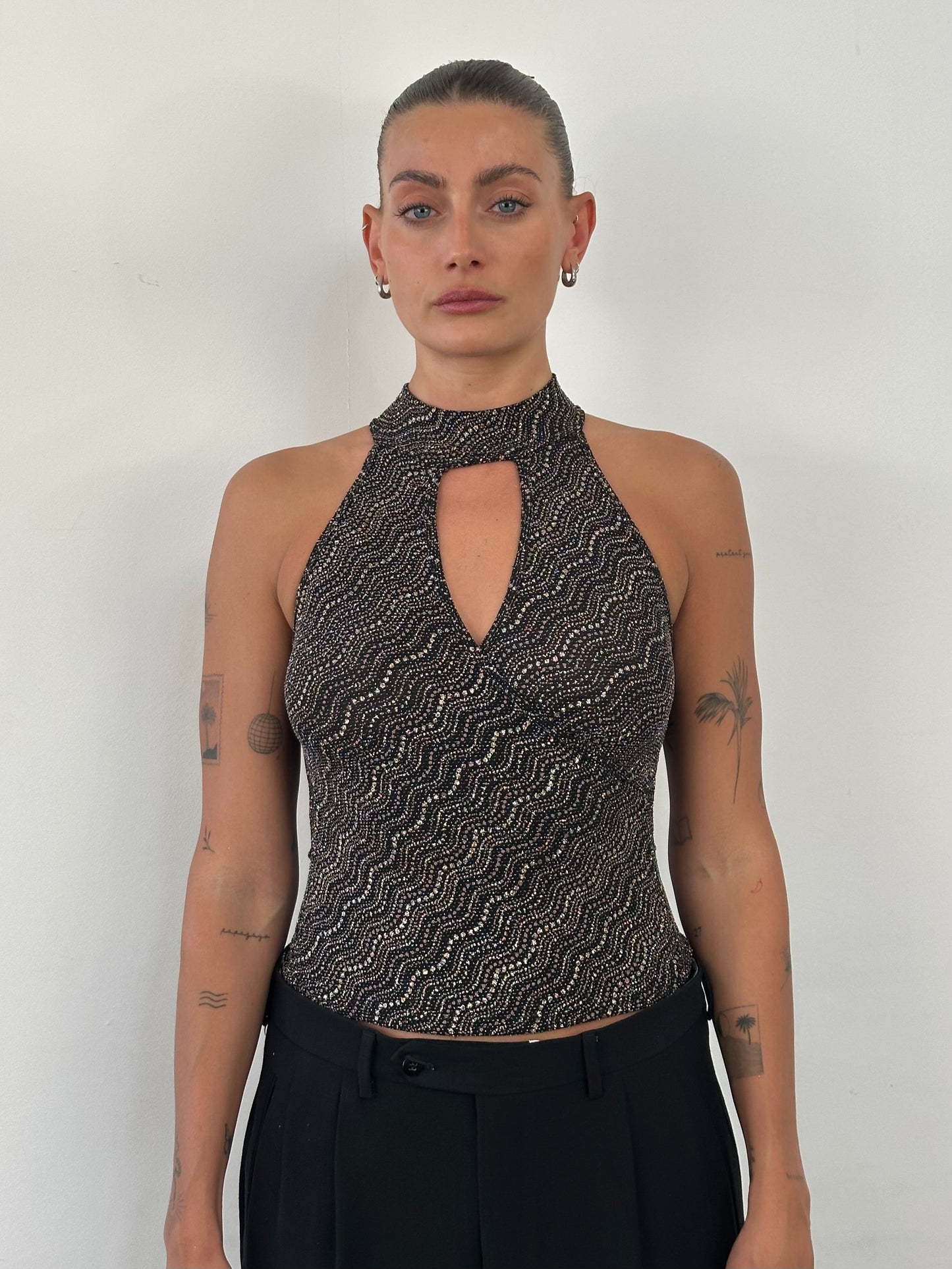 French Vintage Sleeveless Glittery High Neck Top - S
