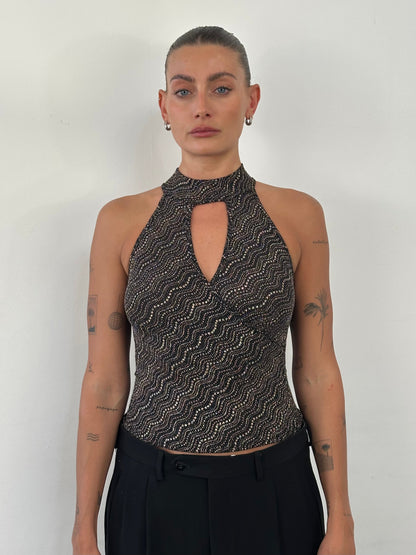 French Vintage Sleeveless Glittery High Neck Top - S