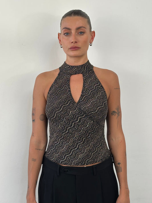 French Vintage Sleeveless Glittery High Neck Top - S