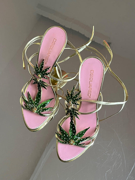 Dsquared2 marijuana leaf gold leather sandals - Known Source