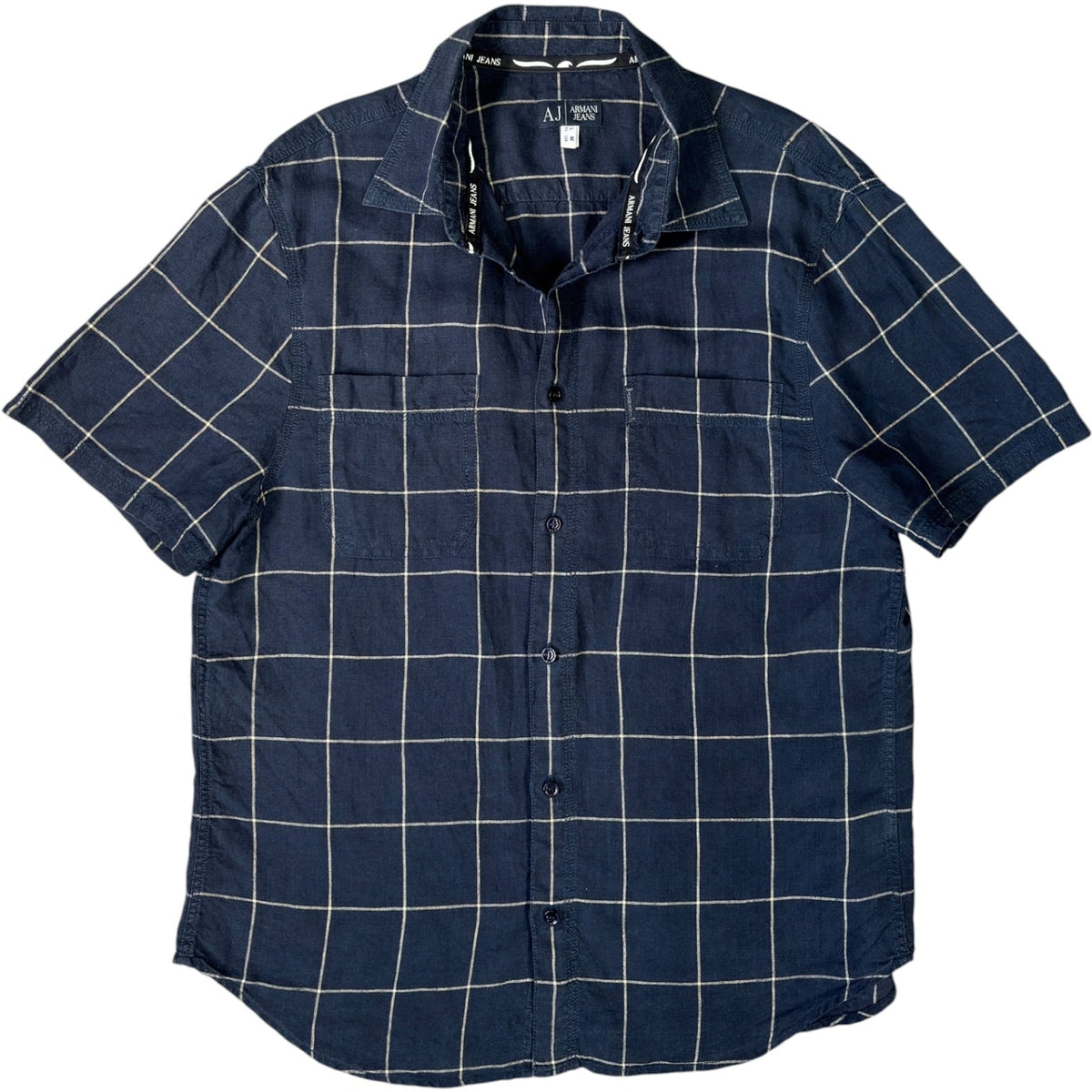 Armani Jeans 00’s Plaid Linen Short Sleeve Shirt M | Medium, Navy