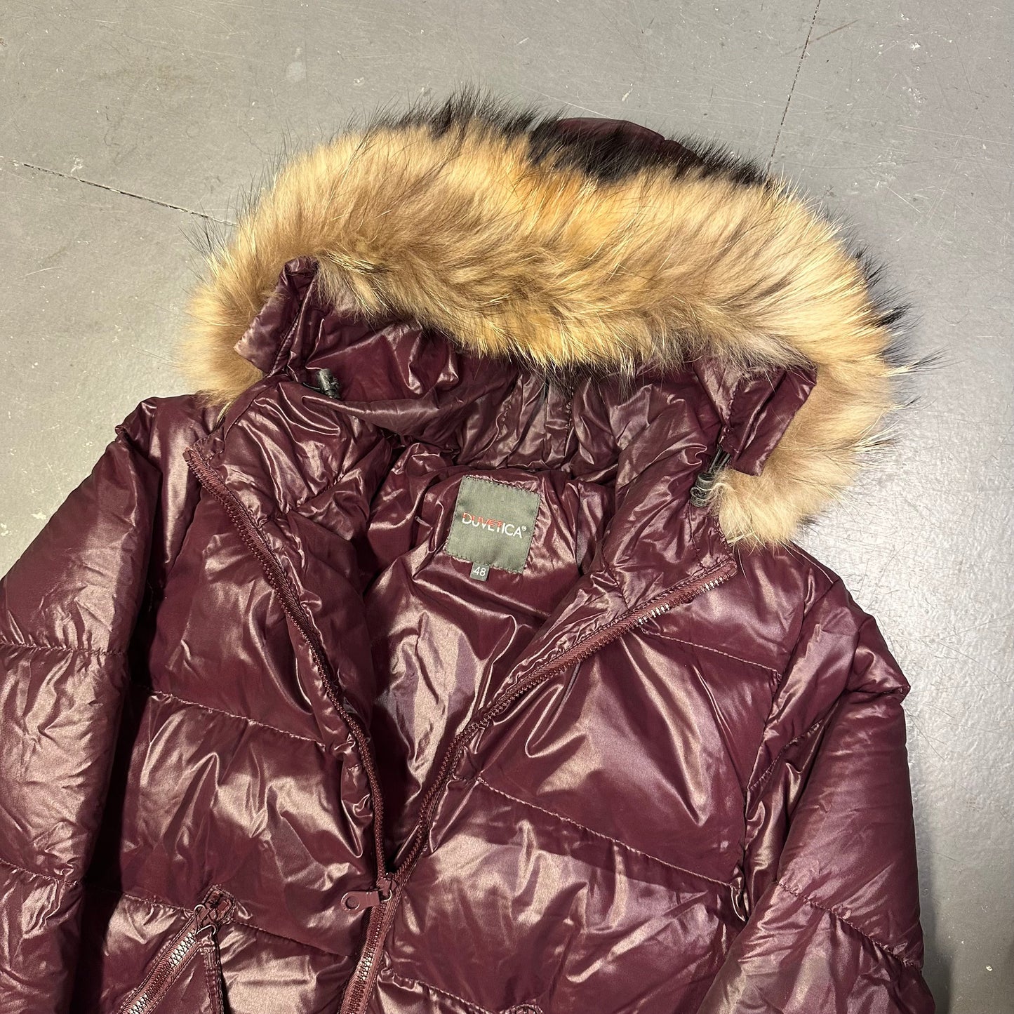Duvetica Fur Hood Puffer Jacket In Burgundy Red ( M )