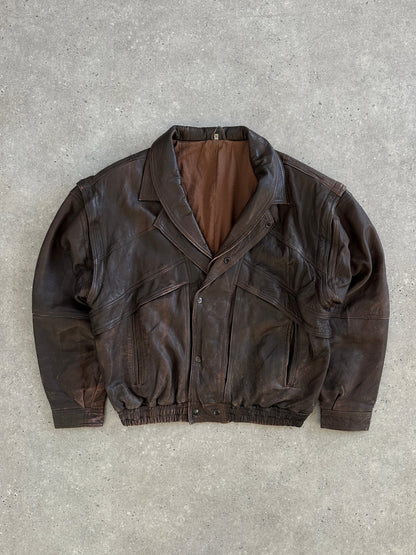 Vintage 1990s Aged Double Collar Leather Bomber Jacket - XL