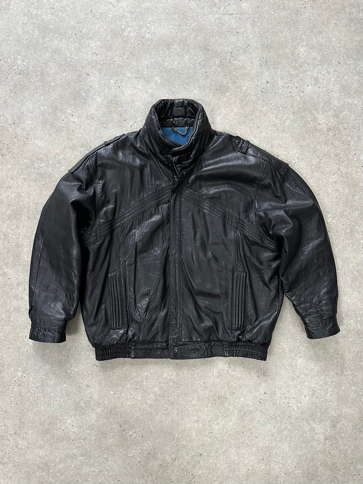 St Michael 1980s High Neck Leather Bomber Jacket - XL