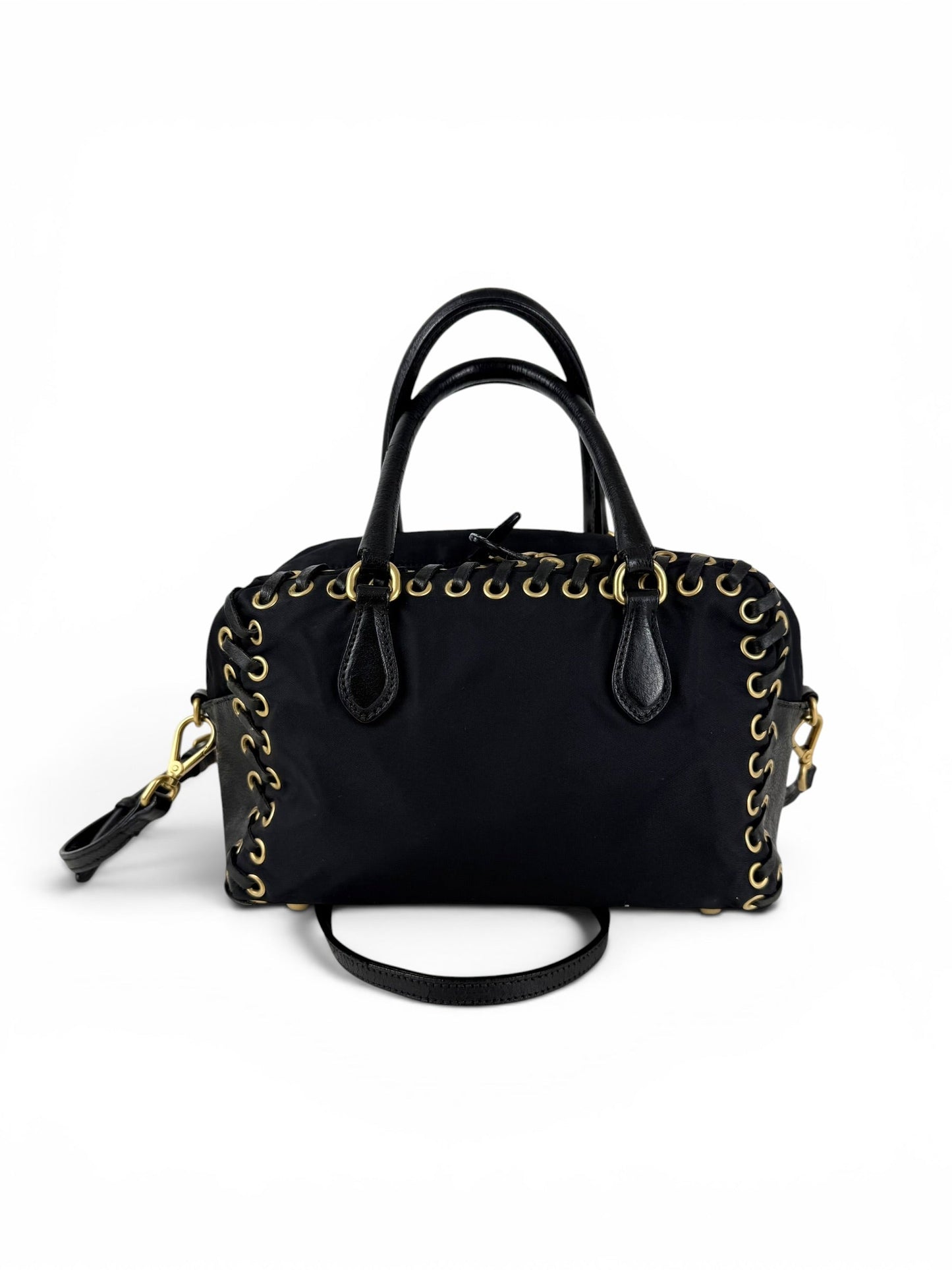 2000s RARE Prada Nylon Grommet Stitch 2Way Handbag | O/S, Black