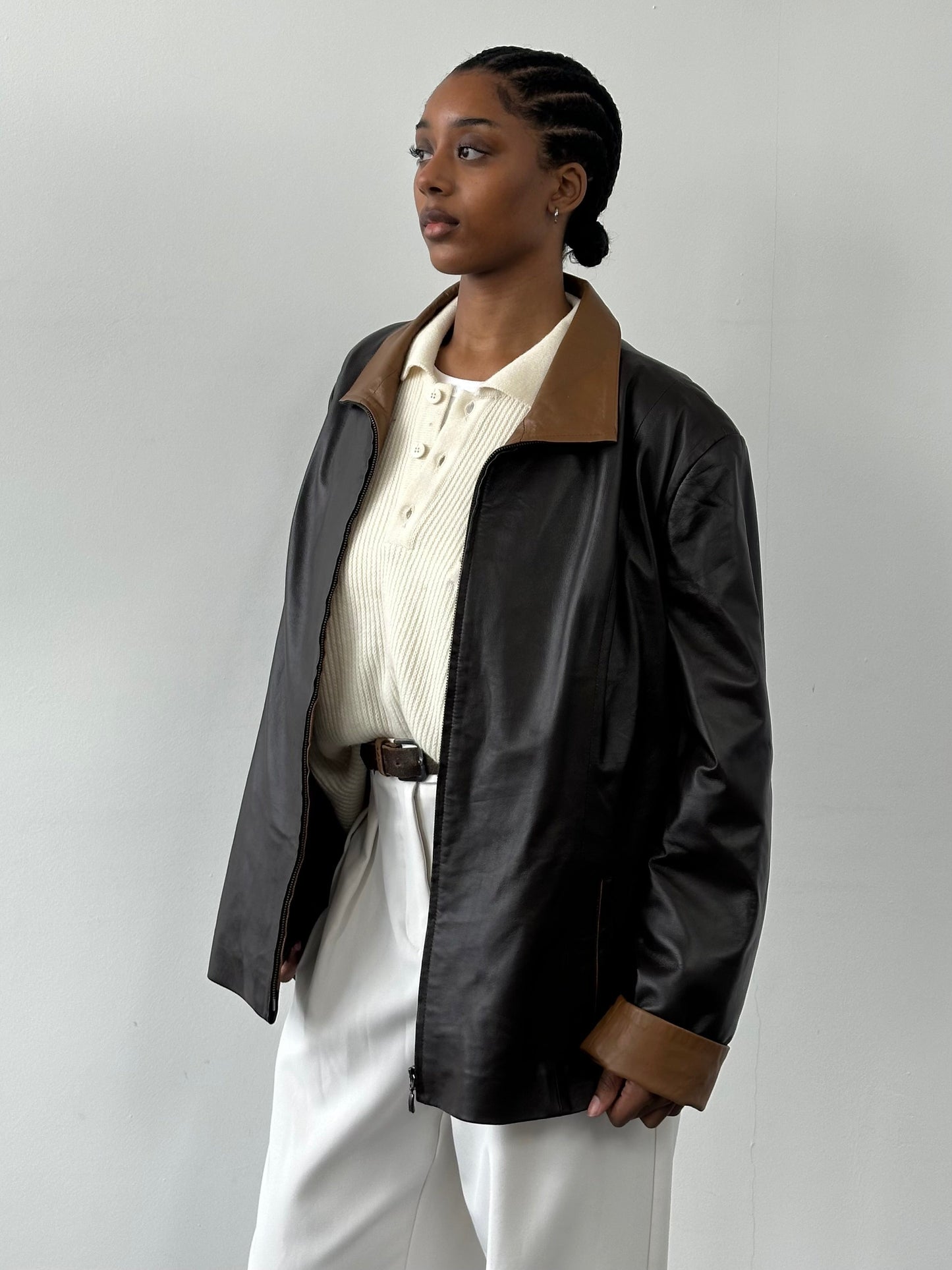 Vintage 1990s High Neck Contrast Leather Jacket - XL
