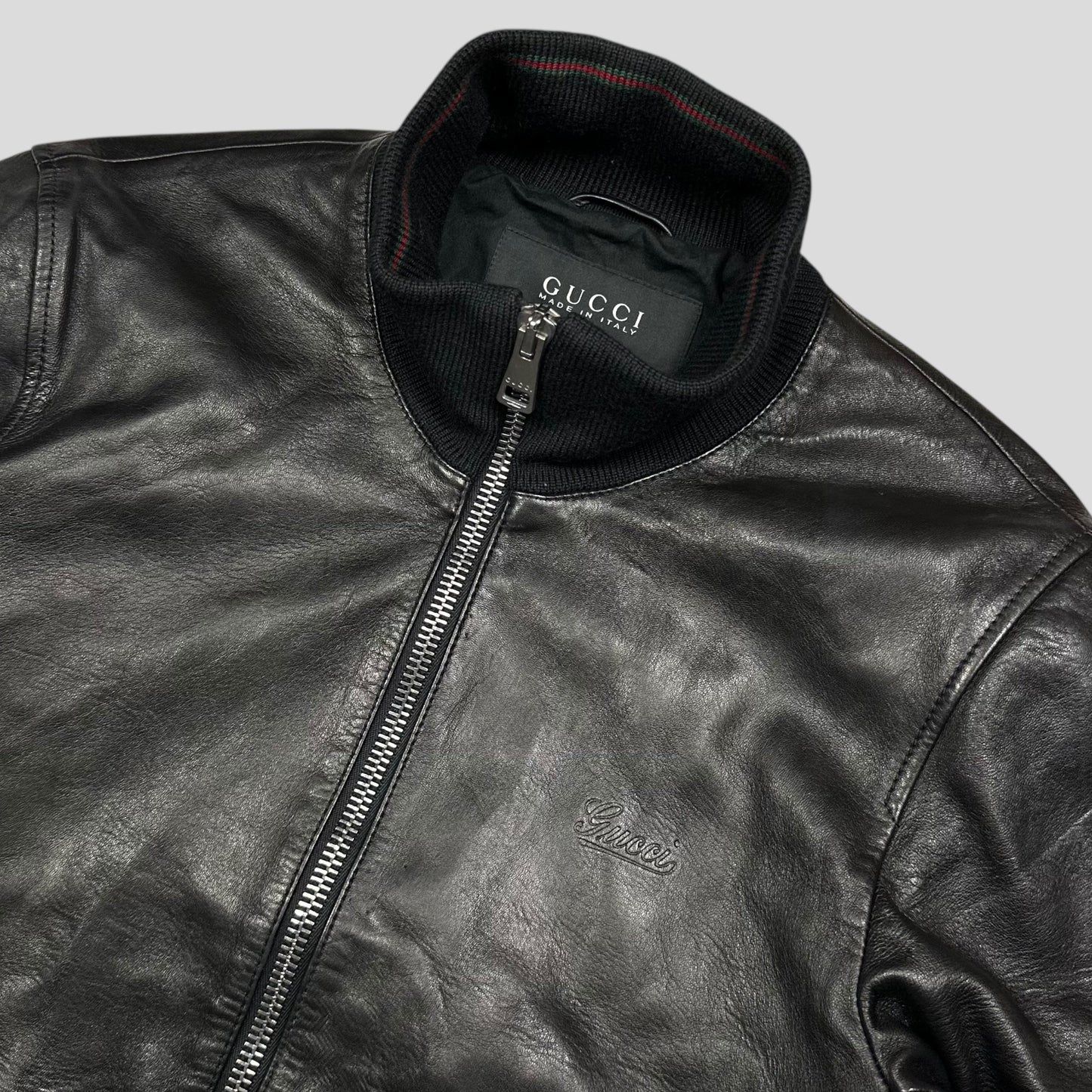Gucci Nappa Leather Logo Web Bomber Jacket - IT46 (S)