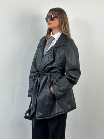 Vintage 1990s Leather Double Breasted Belted Trench Coat - XL