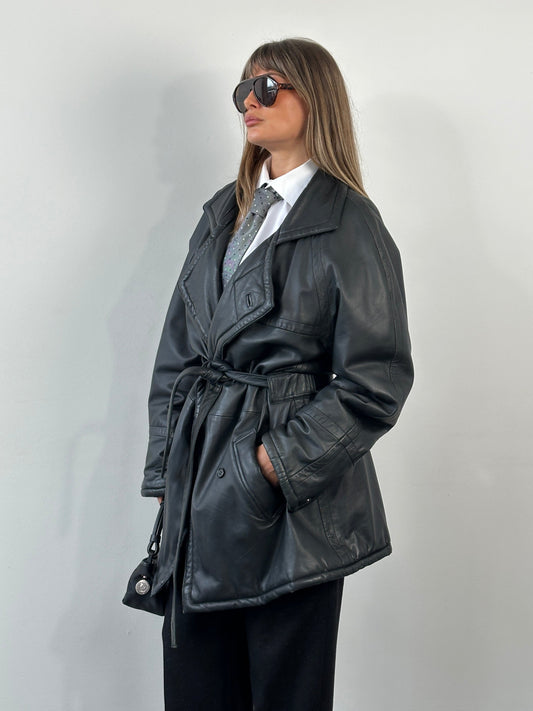 Vintage 1990s Leather Double Breasted Belted Trench Coat - XL