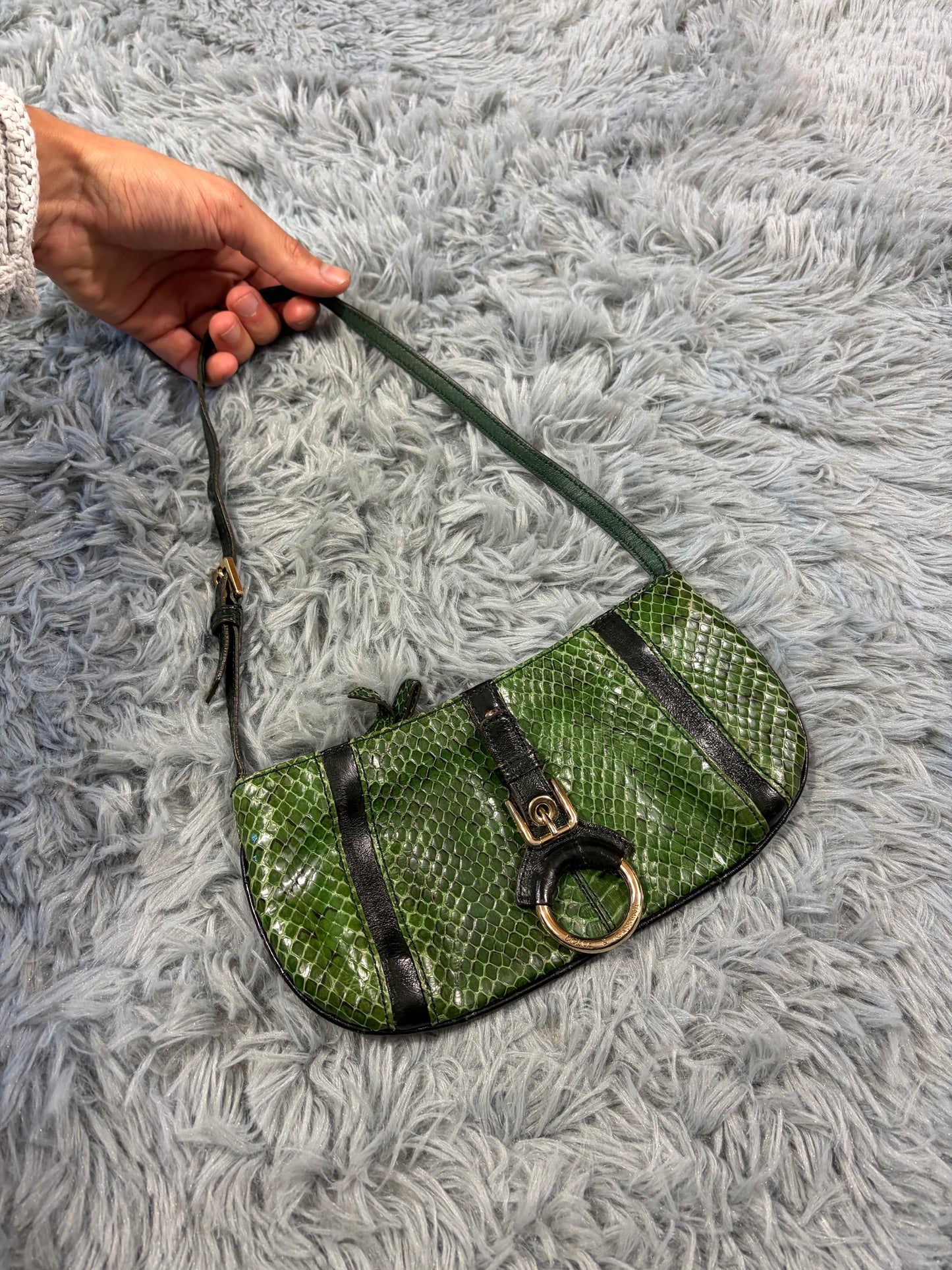 Dolce & Gabbana 00’s Python Skin Green Leather Shoulder Bag | O/S, Gold