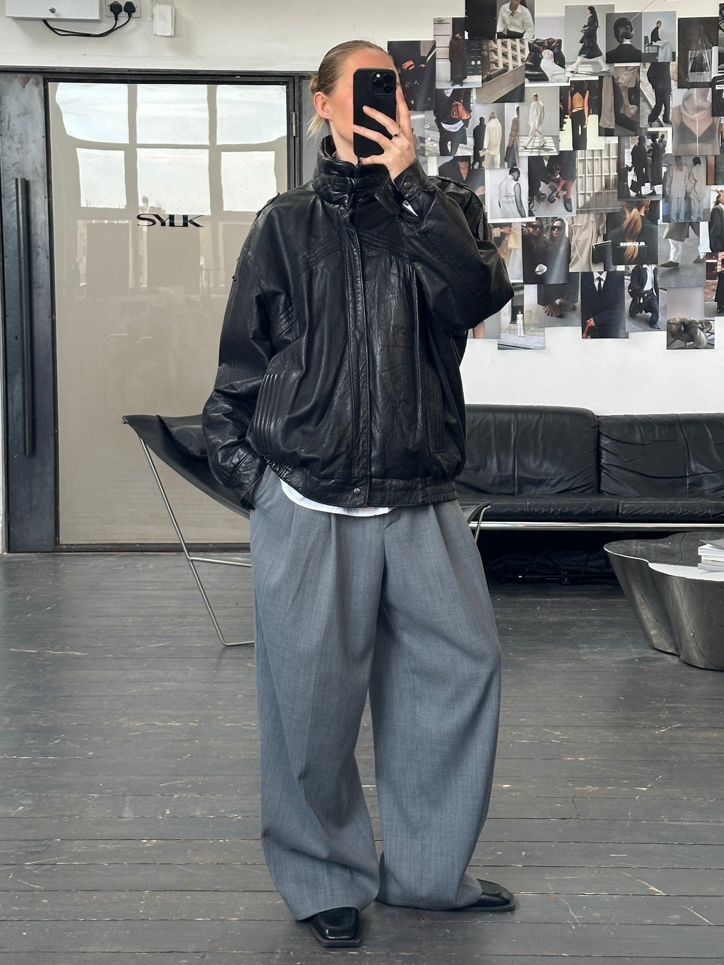 St Michael 1980s High Neck Leather Bomber Jacket - XL