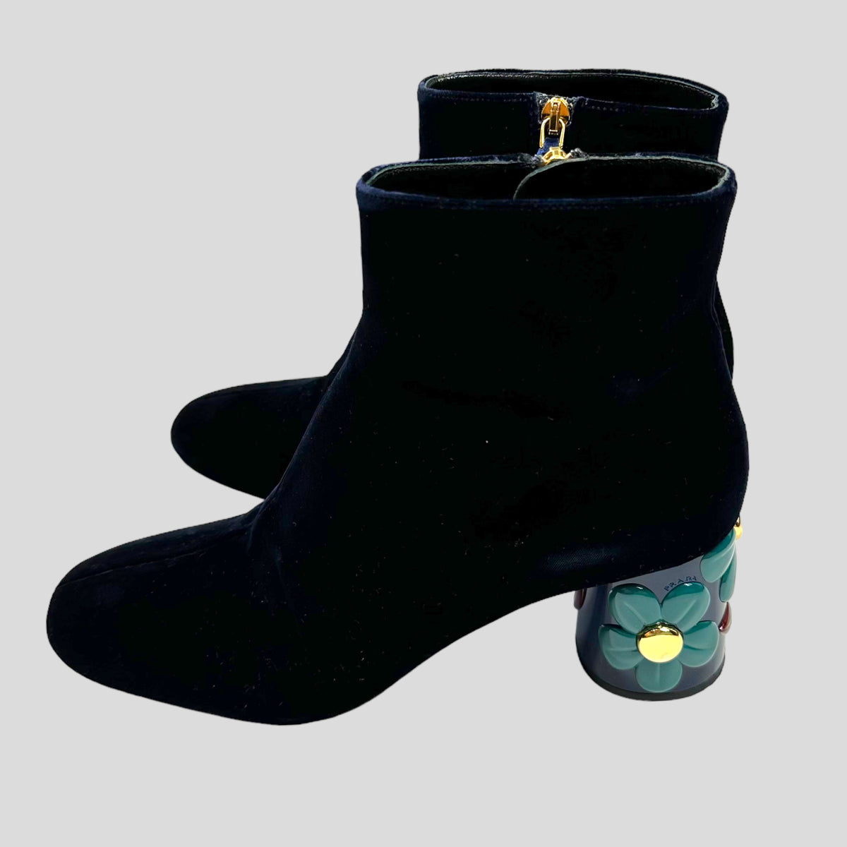 Prada Milano Floral Heel Blue Velvet Boots - UK7 | Navy