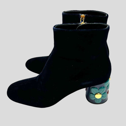 Prada Milano Floral Heel Blue Velvet Boots - UK7 | Navy