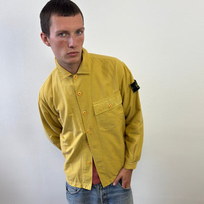 Stone Island Yellow 90s Button Up Green Edge Badge Overshirt | Large, Green