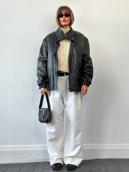 Vintage High Neck Smooth Leather Jacket - L/XL