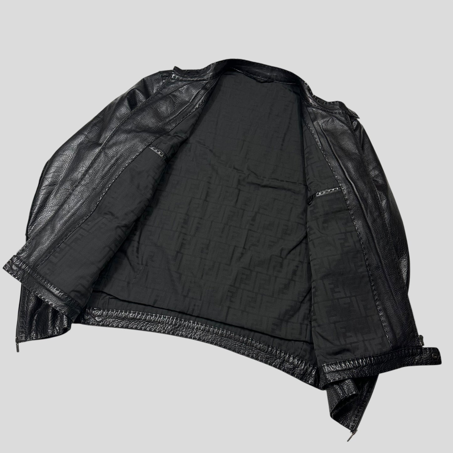 Fendi FF Textured Leather Exaggerated Stitch Moto Jacket - L