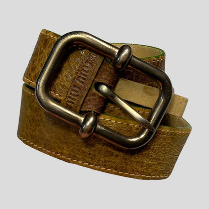 Miu Miu 00’s Leather Textured Metal Buckle Logo Belt - 30-38