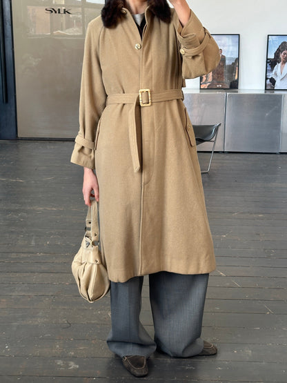 Vintage 1980s Wool Double Faced Fur Collar Belted Coat - S