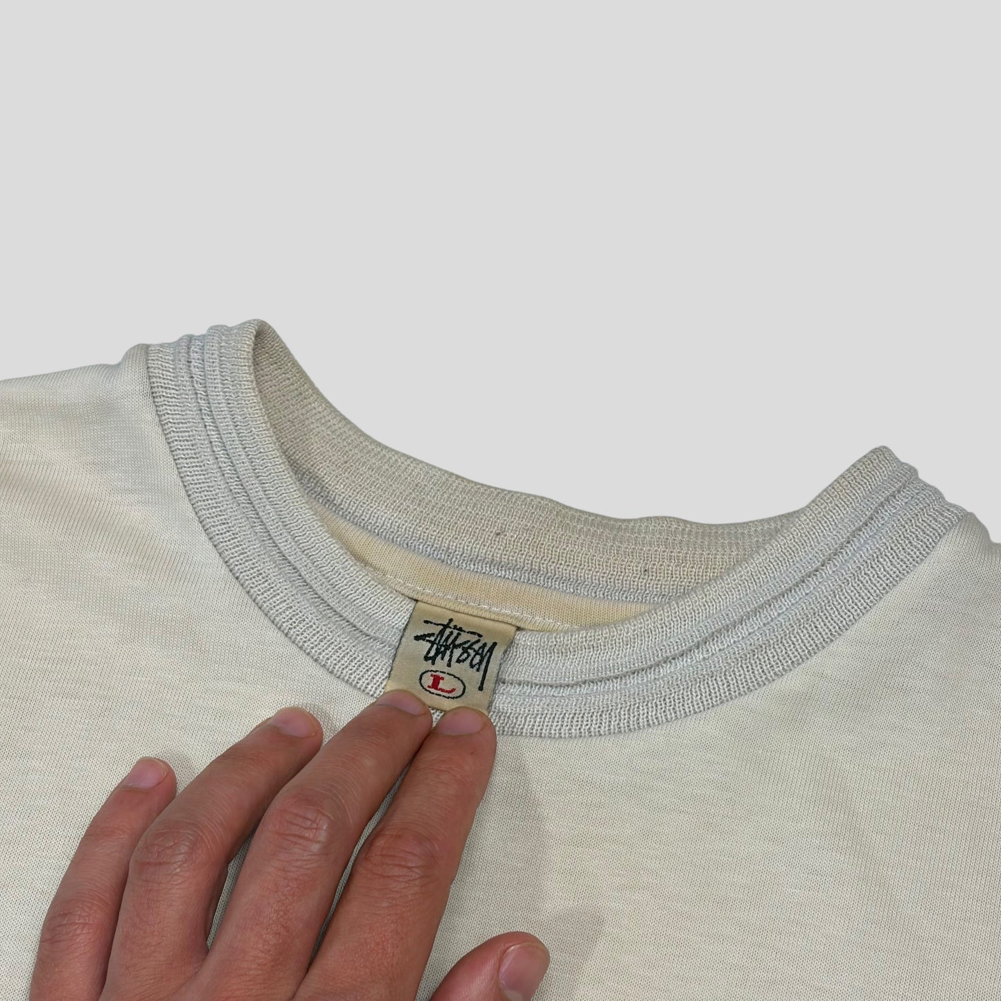 Stussy 90’s Cream Heavy Tom Tom White Tag Pocket Logo T-shirt - L/XL | O/S, Multicoloured