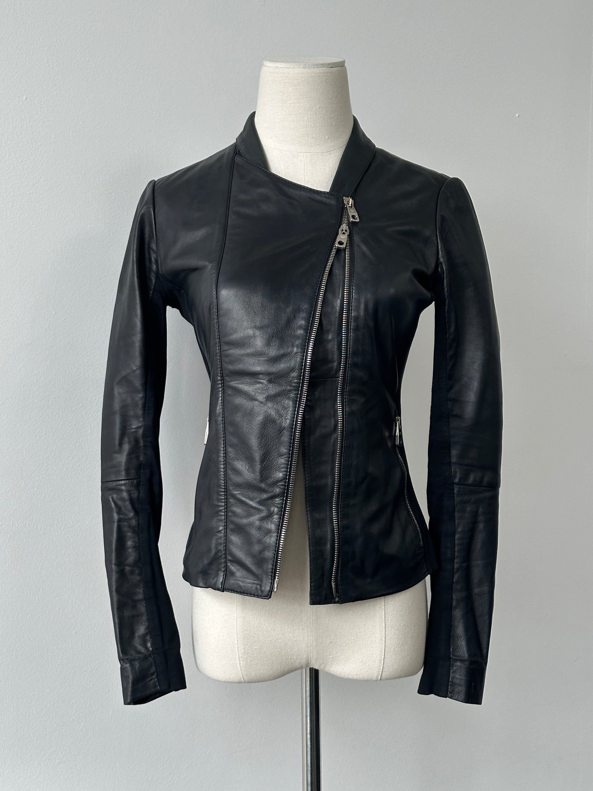 Emporio Armani Double Zip Fitted Lamb Leather Jacket - XS-S