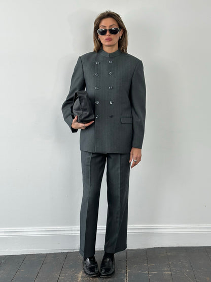 Vintage 1990s Stand Collar Double Breasted Stripe Suit - 38R/W29