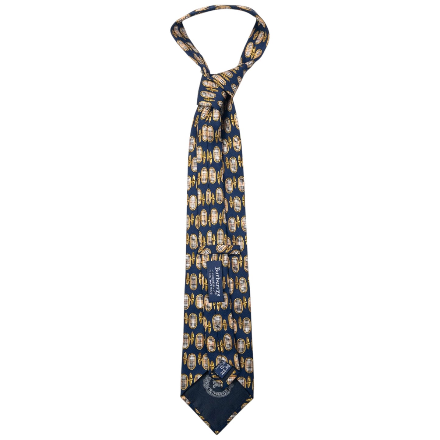 Vintage 80s Burberry Nova Check Cuff Link Print Silk Tie | O/S, Navy