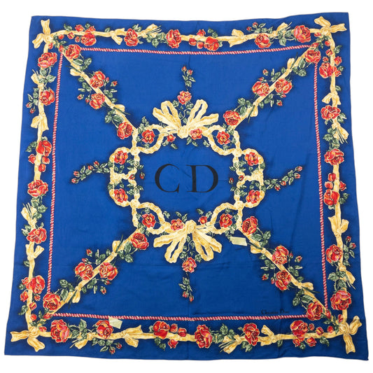 Vintage 2000s Dior Floral Rose Print Silk Scarf | O/S, Blue