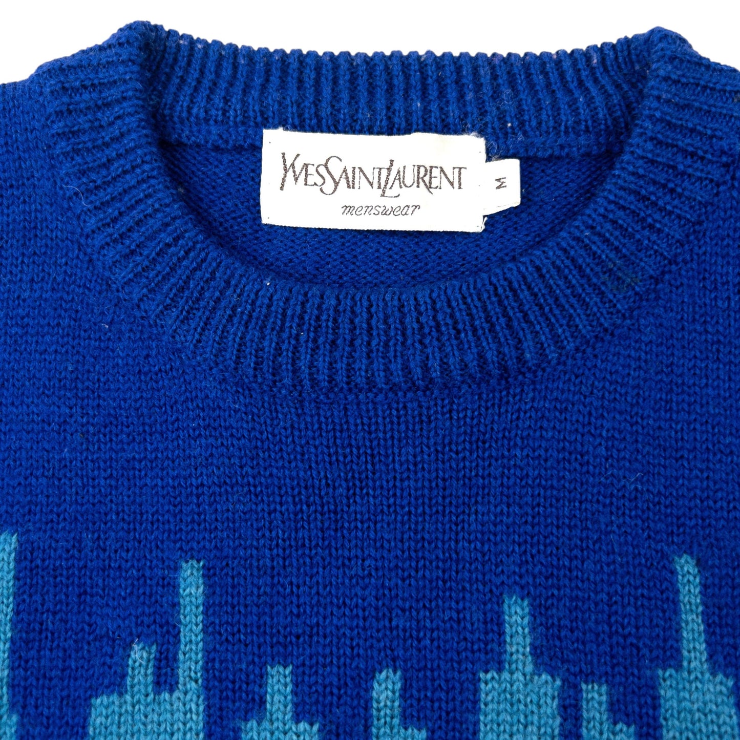 Vintage 80s YSL Yves Saint Laurent Pattern Wool Knit Jumper Size M | Medium, Blue