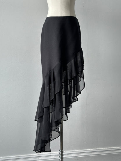 British Vintage 1990s Asymmetric Ruffle Midi Skirt - W28