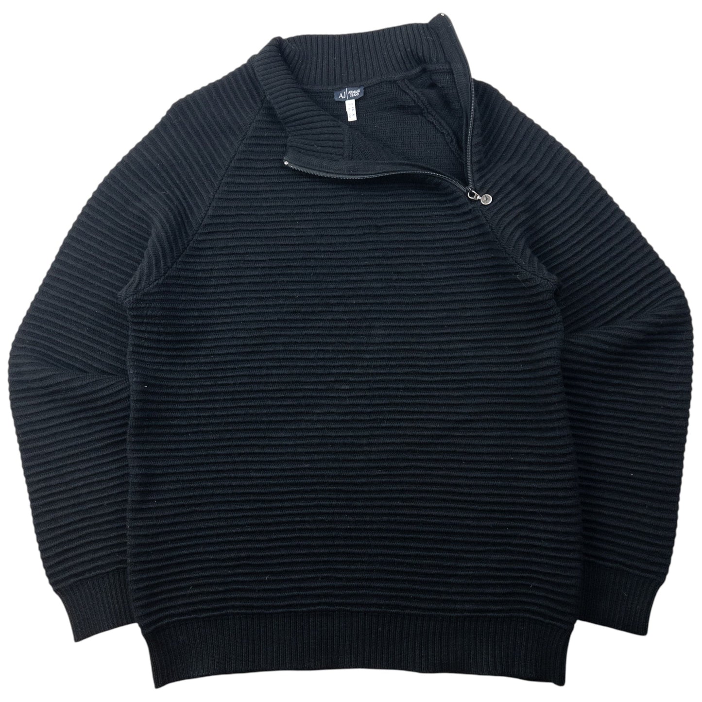 Vintage 2000s Armani Jeans Asymmetric Q Zip Ribbed Knit Jumper Size L | Large, Black