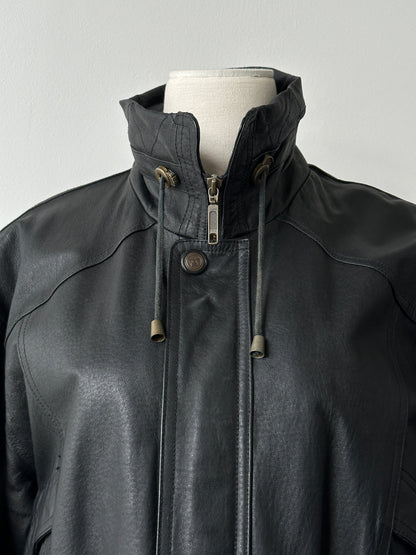 Vintage 1990s High Neck Mid Length Leather Jacket - L