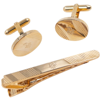 Vintage 80s Dior Embossed Cufflinks & Tie Clip Set | O/S, Gold