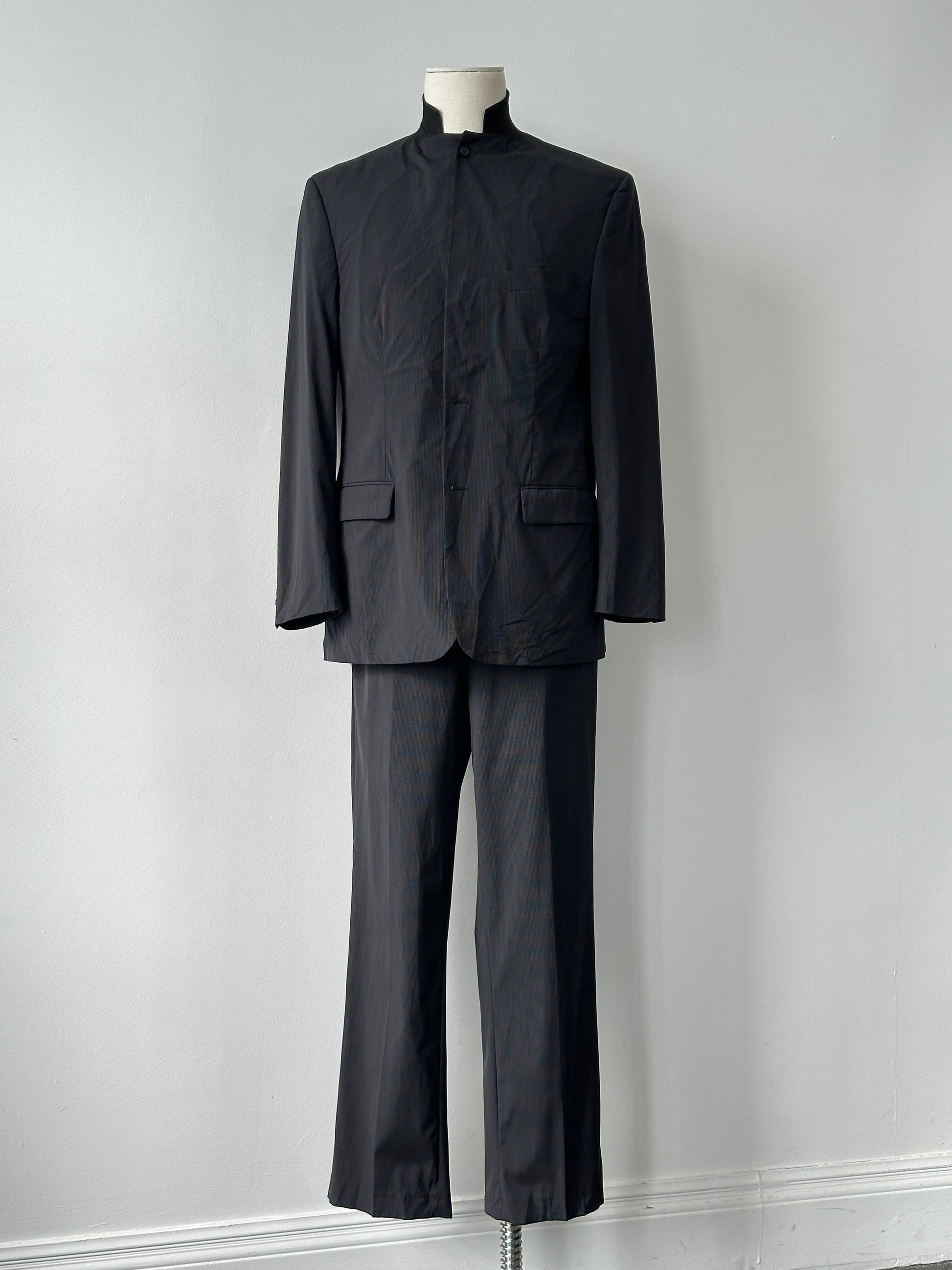 Vintage 2000s Wool Pinstripe High Neck Tailored Suit - 44R/W34