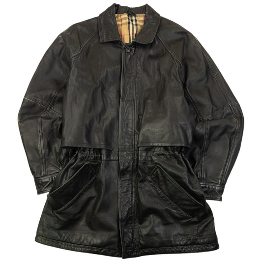 Vintage 90s Burberry Nova Check Lined Leather Jacket Size M | Medium, Black