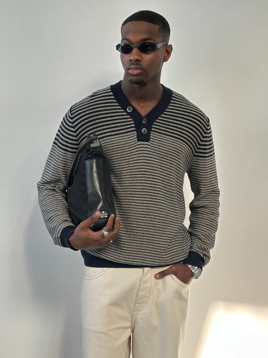 Hugo Boss 2000s Pure Cotton Striped Henley Jumper in XL, showcasing the blue and white striped design and classic Henley neckline.