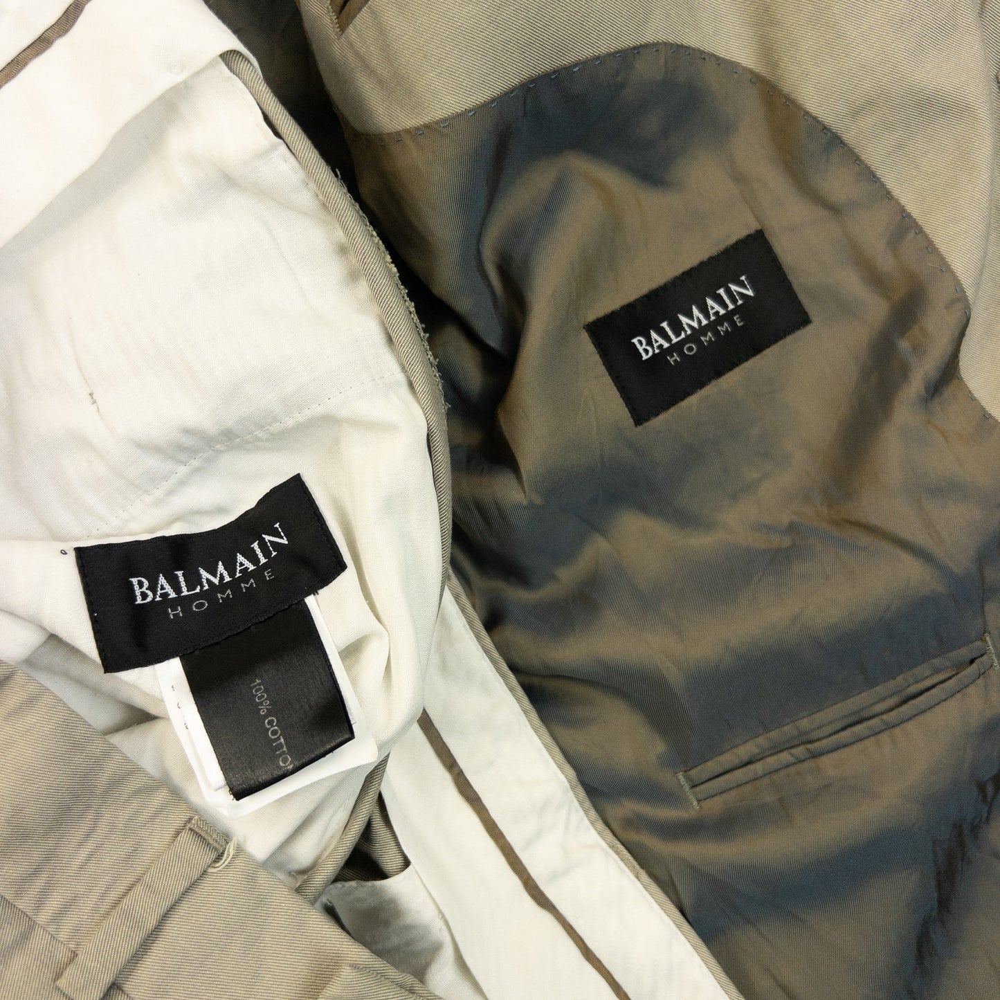 Vintage 2000s Balmain Jacket & Trousers Suit Set Size L | Large, Beige