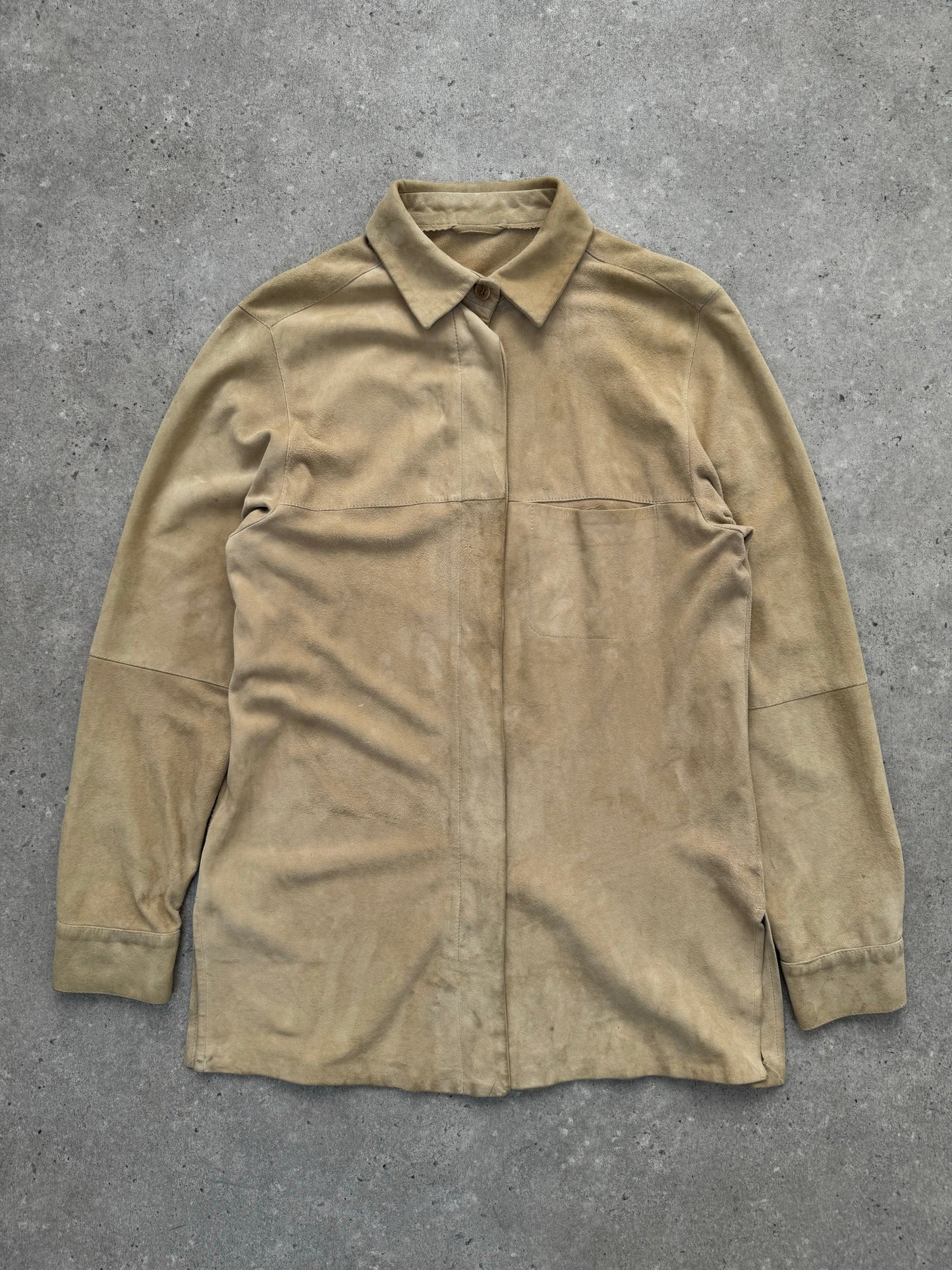 Marella 1990s suede minimal shirt in tan with long sleeves and classic collar, displayed flat on a white background.