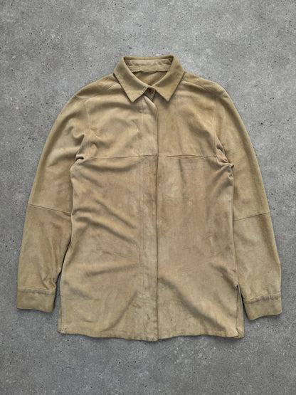 Marella 1990s suede minimal shirt in tan with long sleeves and classic collar, displayed flat on a white background.