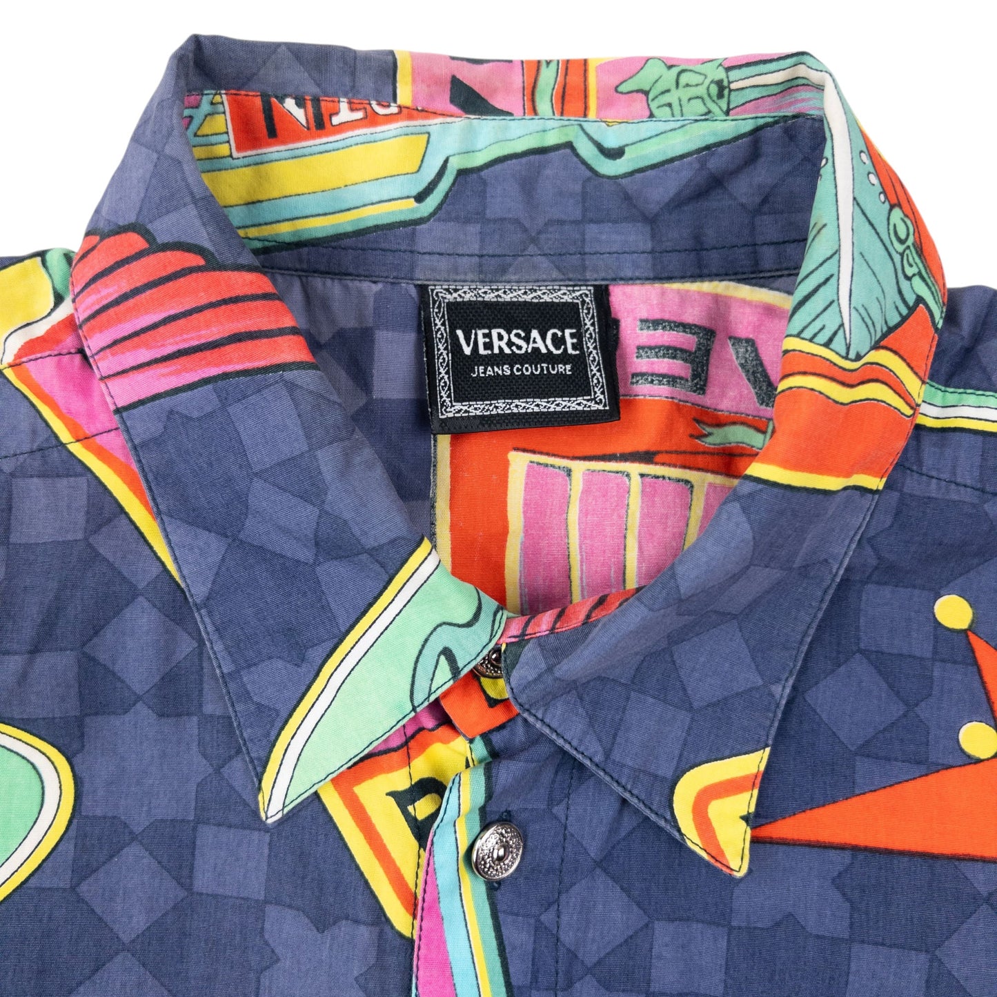 Vintage 90s Versace Jeans Couture Car Rolls Royce Pattern Button Up Shirt Size XL | XL, Multicolour