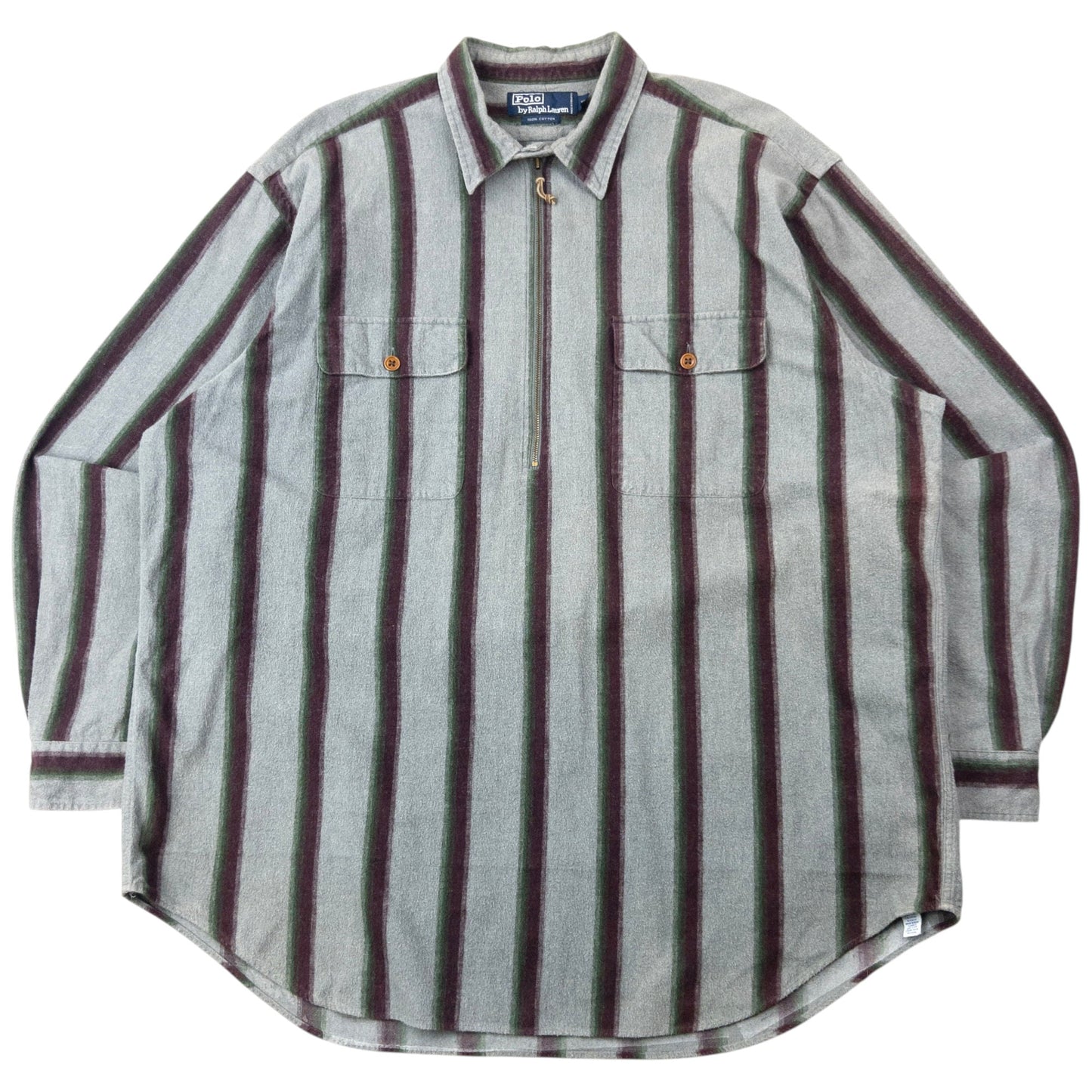 Vintage 90s Polo Ralph Lauren Striped Q Zip Shirt Size XXL | XXL, Grey, Green, Burgundy