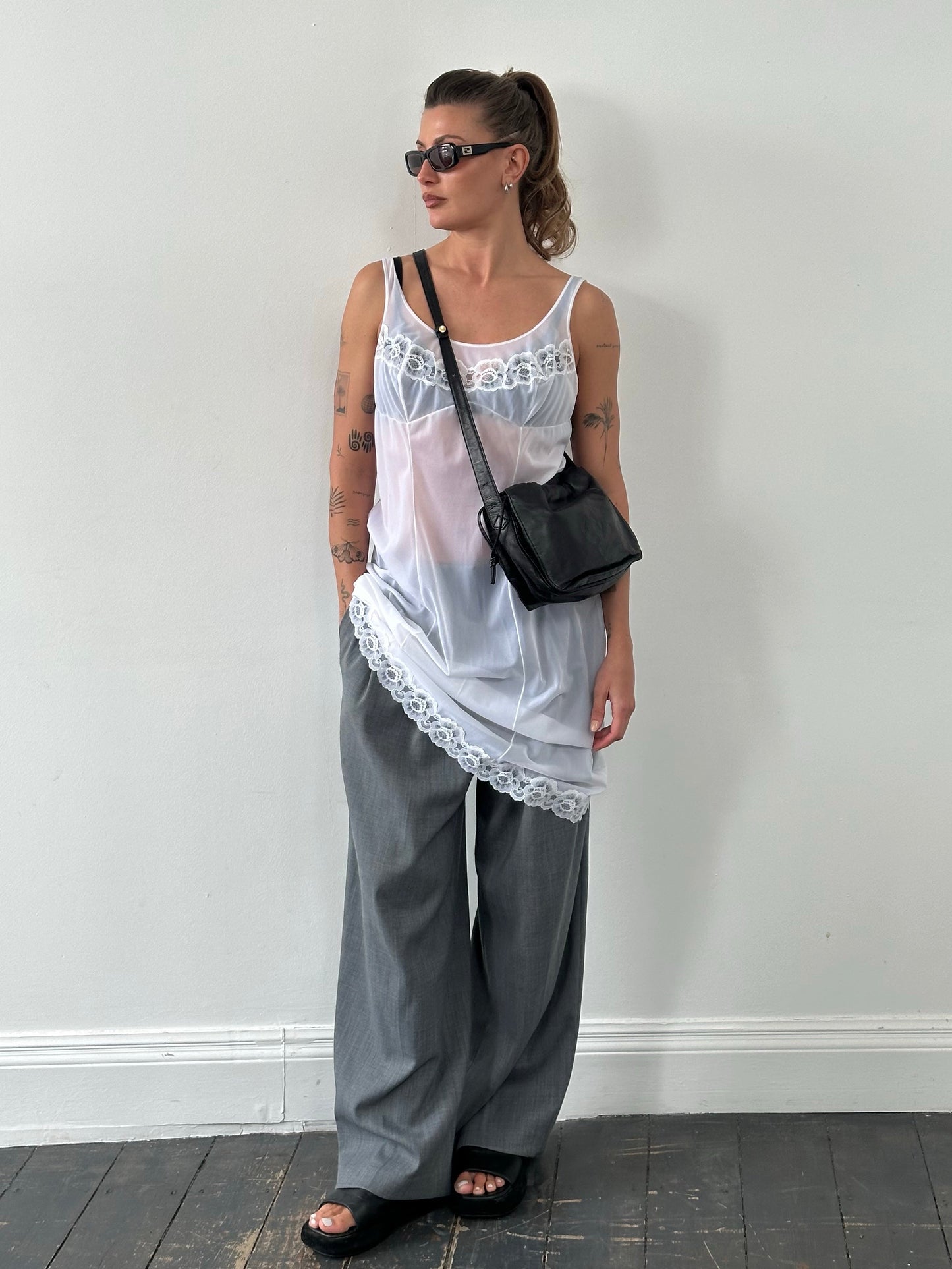 Italian Vintage 1990s Sheer Lace Sleeveless Dress - L