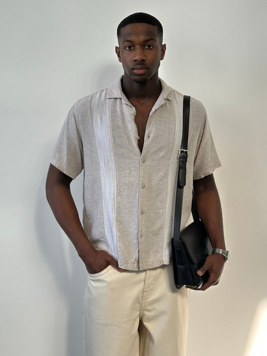 Vintage 2000s linen cotton short sleeve stripe shirt, medium size, with classic horizontal blue and white stripes.